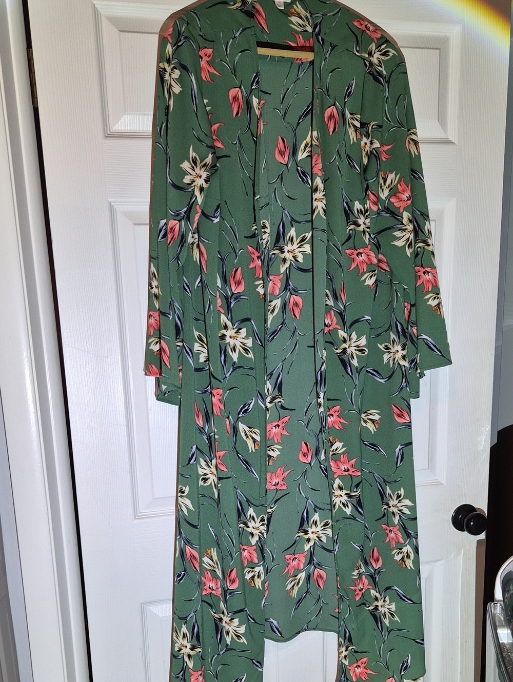 Green Floral Maxi Duster/Coverup with Coral & Cream Blooms